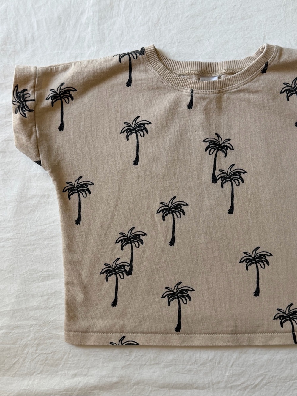 ZARA Kids Palm Tree Print Boxy Cropped T-Shirt Beige 2-3Y